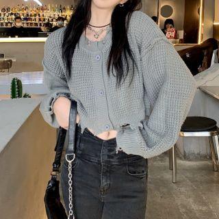 Frayed Plain Long-sleeve Cropped Cardigan Light Gray - One Size