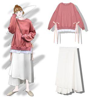 Mock Two-piece Bow Detail Pullover / Chiffon Panel Midi A-line Skirt