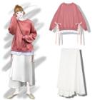 Mock Two-piece Bow Detail Pullover / Chiffon Panel Midi A-line Skirt