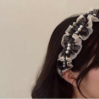 Faux Pearl Mesh Headband Off-white & Black - One Size