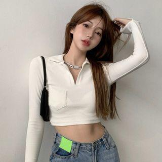 Crop Long-sleeve Polo Top White - One Size