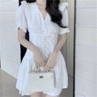 Puff-sleeve Lace-up Plain Dress