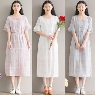 Check Elbow-sleeve Midi Chiffon Dress