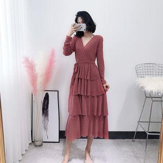 Pleated Layered Tie-waist V-neck Dress