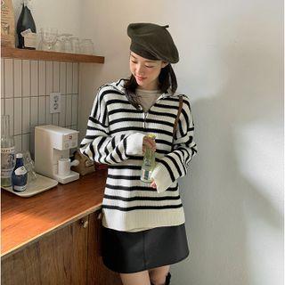 Collared Zip-up Stripe Knit Top