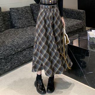 Plaid Midi A-line Skirt Vest - Plaid - Black - One Size