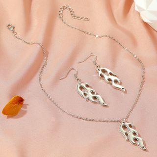 Set: Alloy Flame Pendant Necklace + Dangle Earring 01-dz-169 - Silver - One Size
