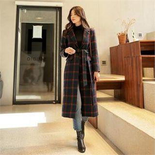 Single-button Long Plaid Coat With Sash