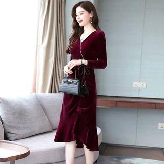 Long-sleeve Ruffle Hem Velvet Sheath Dress