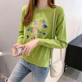 Fish Embroidered Long-sleeve Knit Top