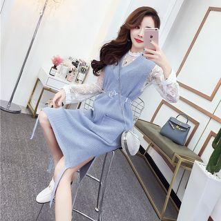 Set: V-neck Sleeveless Knit Dress + Lace Long-sleeve Top