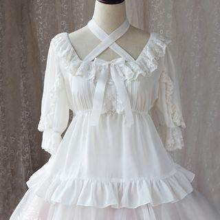 Ruffle Trim Elbow-sleeve Lace Blouse