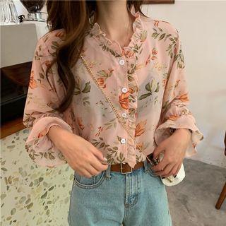 Ruffled Floral Long-sleeve Chiffon Shirt As Shown In Figure - One Size