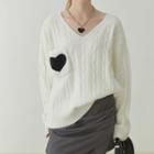 V-neck Heart Print Cable Knit Sweater
