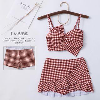 Set: Spaghetti-strap Gingham Swim Top + Ruffled Swim Skirt