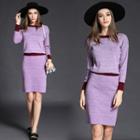 Set Of Two: Long Sleeve Color-block Plain Sweater + Plain Midi Dress