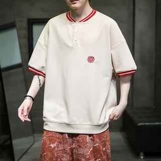 Elbow-sleeve Embroidered Henley T-shirt