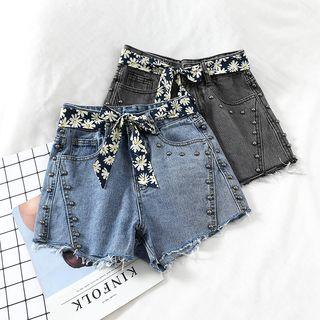 Floral Print Sash Denim Shorts