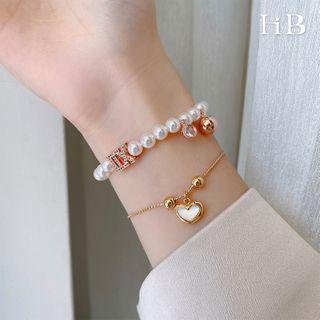 Faux Pearl Rhinestone Lettering Bracelet / Heart Bracelet