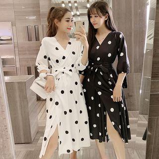 3/4-sleeve Polka Dot Mid Wrap Dress