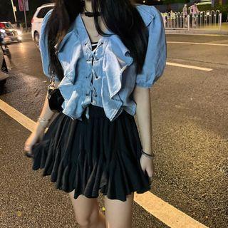 Short-sleeve Ruffle Denim Blouse Light Blue - One Size