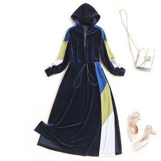 Color Block Midi A-line Velvet Hoodie Dress