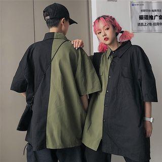Couple-matching Two-tone Elbow-sleeve Shirt
