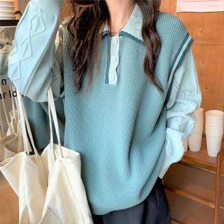 Mock Two-piece Collared Sweater Green - One Size