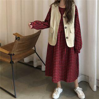 Long-sleeve Check Maxi Shirtdress / Plain Vest