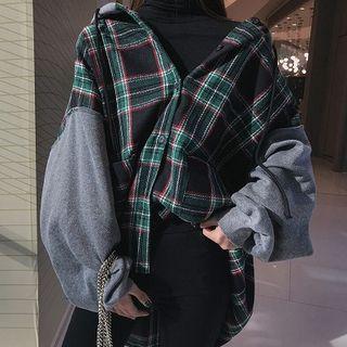 Color-block Plaid Long-sleeve Hooded Sweatshirt