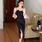 Long-sleeve Mock Two-piece Side-slit Sheath Dress