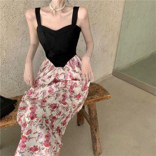 Strappy Floral Panel Midi A-line Dress