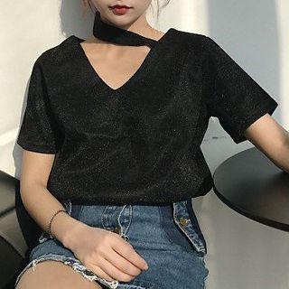 Cut Out Front Short Sleeve Glittered T-shirt