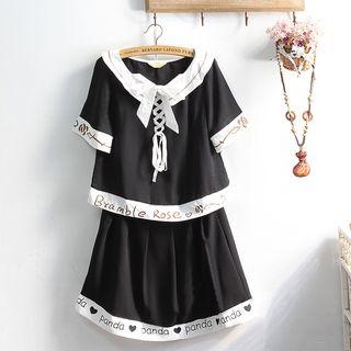 Set: Lace-up Short-sleeve Top + Printed A-line Skirt