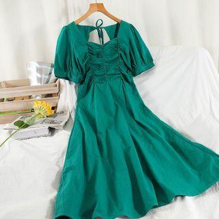 Short-sleeve Ruched Tie-back Midi A-line Dress