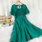 Short-sleeve Ruched Tie-back Midi A-line Dress