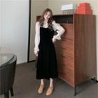 Mock Two Piece Chiffon Sleeve Velvet Dress Black - One Size