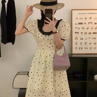 Puff-sleeve Heart Print Midi A-line Dress Pale Yellow - One Size