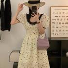 Puff-sleeve Heart Print Midi A-line Dress Pale Yellow - One Size