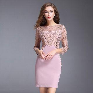 3/4-sleeve Embroidered Paneled Sheath Dress