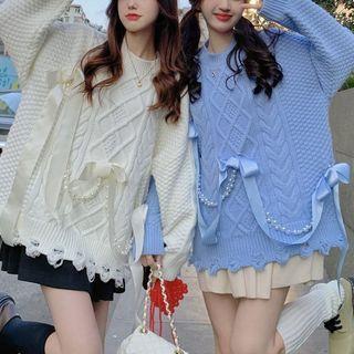 Long-sleeve Plain Ripped Cable Knit Sweater