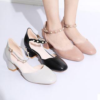 Faux Leather Studded Ankle Strap Chunky Heel Pumps