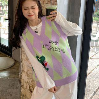 Color Block V-neck Knit Vest Pink - One Size