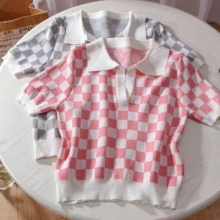 Short-sleeve Polo-neck Check Knit Top