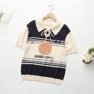 Short-sleeve Collared Cartoon Print Sweater Beige - One Size