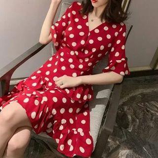 V-neck Dotted Ruffle Hem Mini A-line Dress