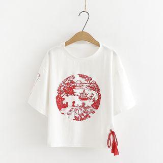 Tassel Printed Elbow-sleeve T-shirt White - One Size