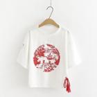 Tassel Printed Elbow-sleeve T-shirt White - One Size