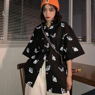 Reflective Butterfly Print Elbow-sleeve Shirt