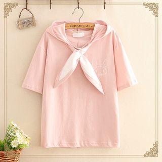 Short-sleeve Rabbit Embroidered Hooded T-shirt